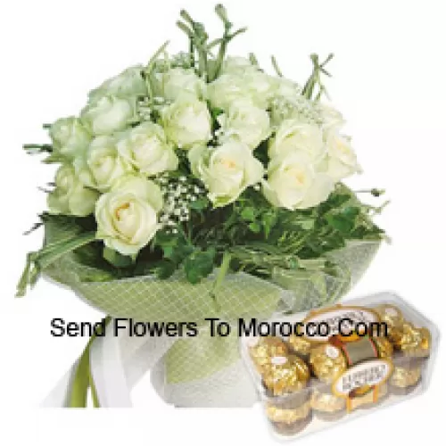 Bunch Of 19 White Roses With Seasonal Fillers Along With 16 Pcs Ferrero Rochers