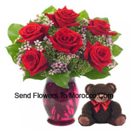 7 Roses rouges avec un mignon ours en peluche de 14 pouces