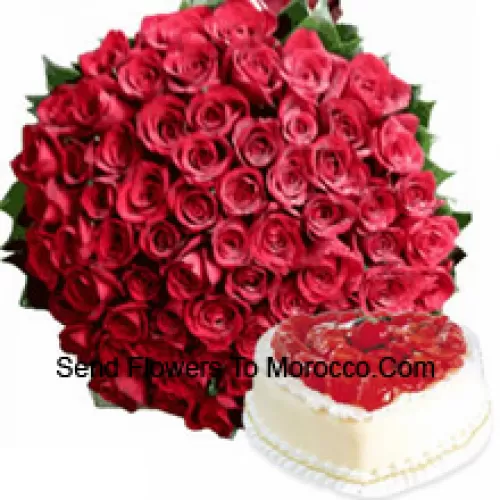 Bunch Of 101 Red Roses With Seasonal Fillers Along With 1 Kg Heart Shaped Vanilla Cake