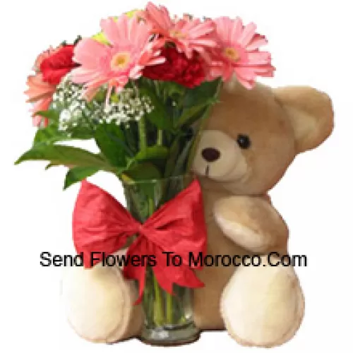 11 Red Carnations And Pink Gerberas In A Glass Vase Decorated With A Bow And Accompanied With A Cuddly Teddy Bear