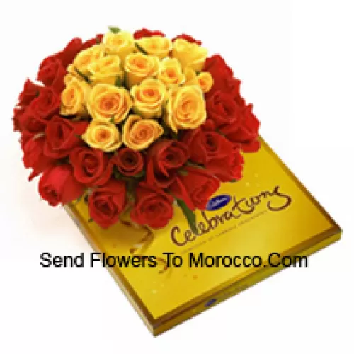 Bunch Of 24 Red And 11 Yellow Roses With Seasonal Fillers Along With A Beautiful Box Of Cadbury Chocolates