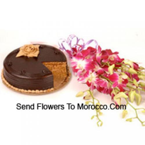 Orchide rosa con deliziosa torta al cioccolato da 1/2 kg