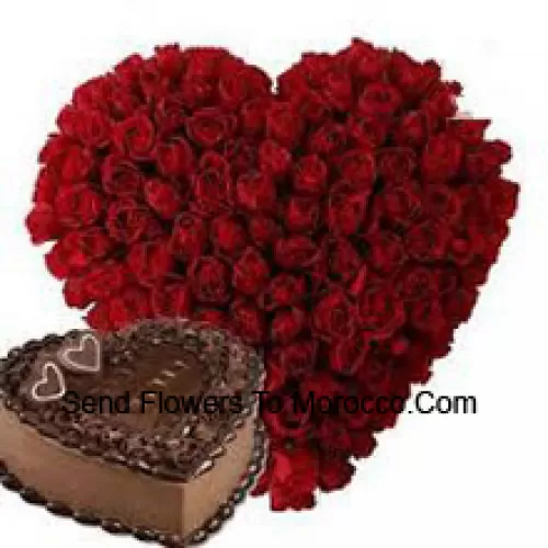 Heart Shaped Arrangement Of 101 Red Roses Along With 1 Kg Heart Shaped Chocolate Cake