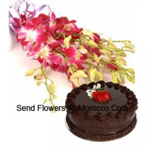 Bunch Of Pink Orchids With Seasonal Fillers Along With 1 Lb. (1/2 Kg) Chocolate Truffle Cake