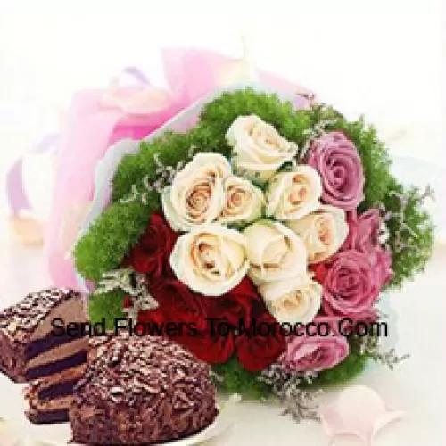 Bunch Of 9 Pink, 8 White And 8 Red Roses With Seasonal Fillers Accompanied With A 1 Lb. (1/2 Kg) Black Forest Cake