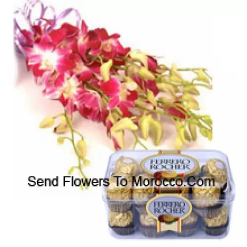 Bunch Of Pink Orchids With Seasonal Fillers Along With 16 Pcs Ferrero Rochers