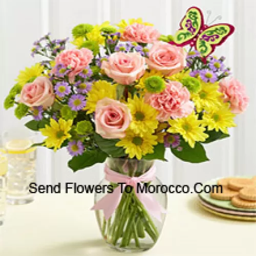 Pink Roses, Pink Carnations And Yellow Gerberas With Seasonal Fillers In A Glass Vase -- 25 Stems And Fillers