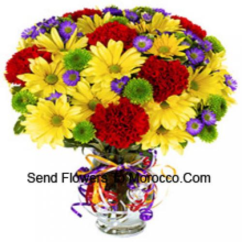 25 Red Carnations and Yellow Gerberas