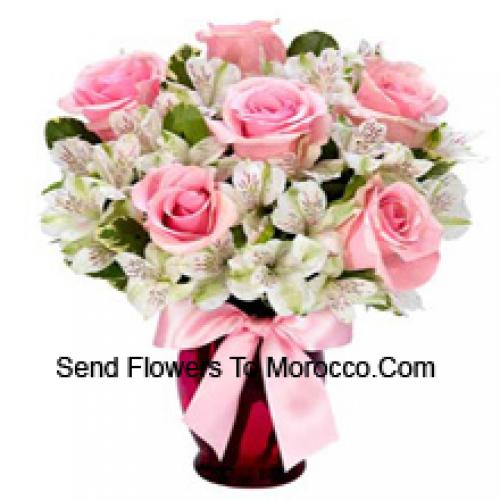 Beautiful Pink Roses and White Alstroemeria