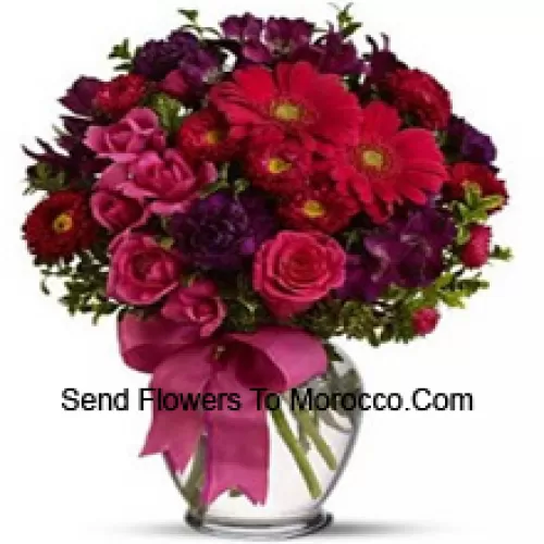 Pink Roses, Red Gerberas And Other Assorted Flowers Arranged Beautifully In A Glass Vase -- 37 Stems And Fillers