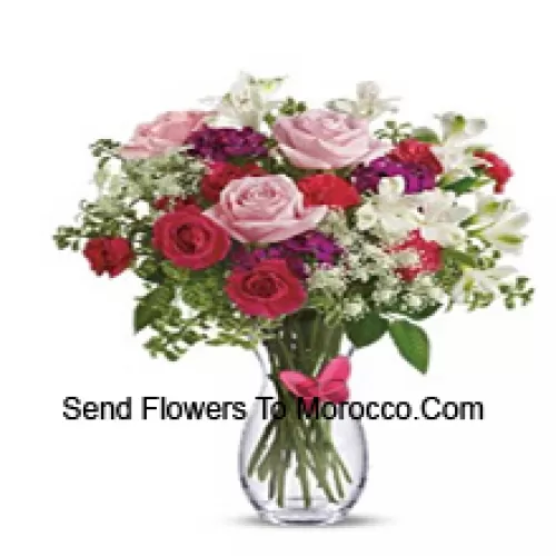 Red Roses, Pink Roses, Red Carnations And Other Assorted Flowers With Fillers In A Glass Vase -- 25 Stems And Fillers