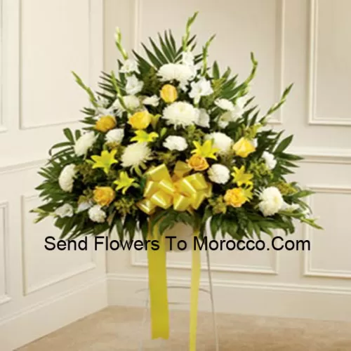 A Beautiful Sympathy Flower Arrangement That Comes With A Stand