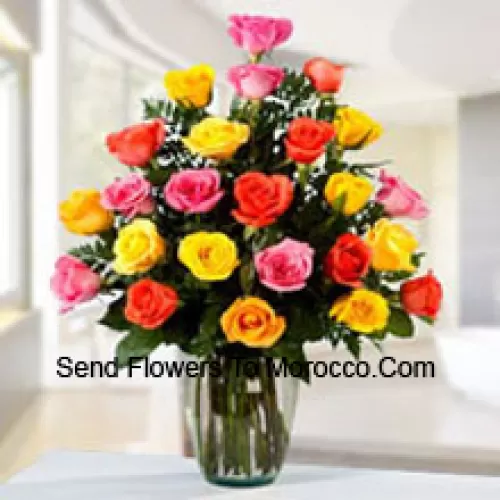 25 Mixed Colored Roses In A Vase