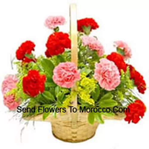 Basket Of 6 Pink And 7 Red Carnations