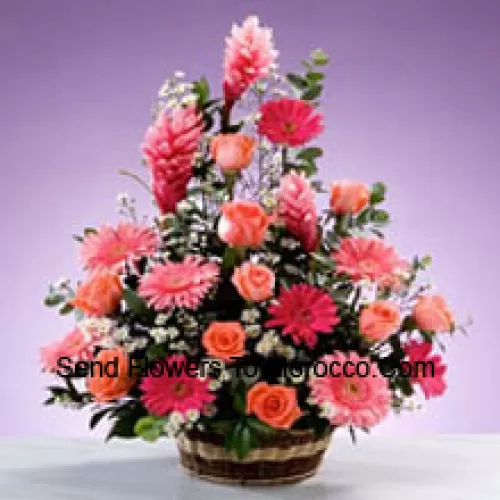 Basket Of Assorted Flowers Including Gerberas, Roses and Seasonal Fillers