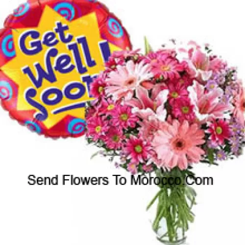 Assorted Flowers In A Vase And A Get Well Soon Balloon