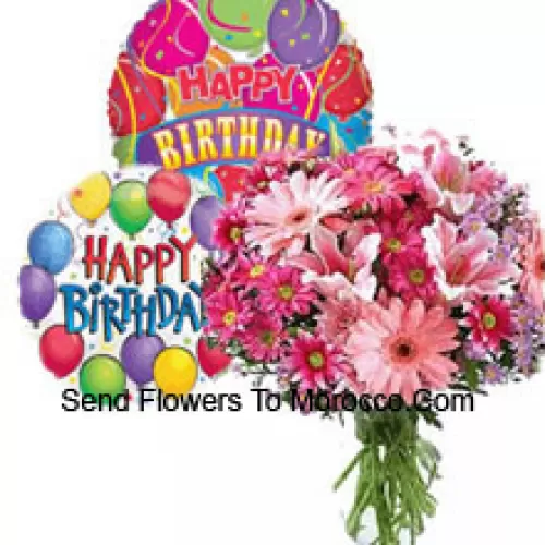 Assorted Flowers In A Vase Along With Birthday Balloons