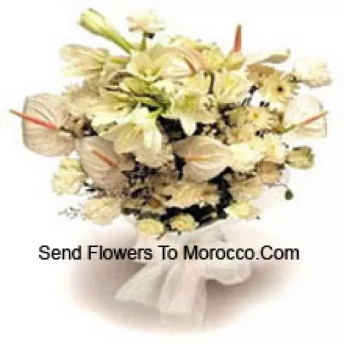 Bunch Of White Lilies, White Anthuriums, White Carnations And White Roses With Seasonal Fillers