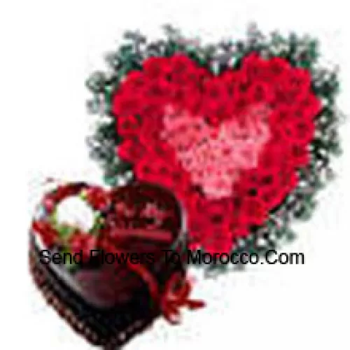 Heart Shaped Arrangement Of 51 Red Roses And A 1 Kg (2.2 Lbs) Chocolate Truffle Cake