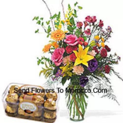 Assorted Flowers In A Vase With 16 Pcs Ferrero Rocher