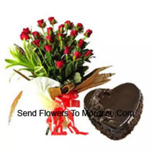 Bunch Of 25 Red Roses With 1 Kg Heart Shaped Chocolate Cake