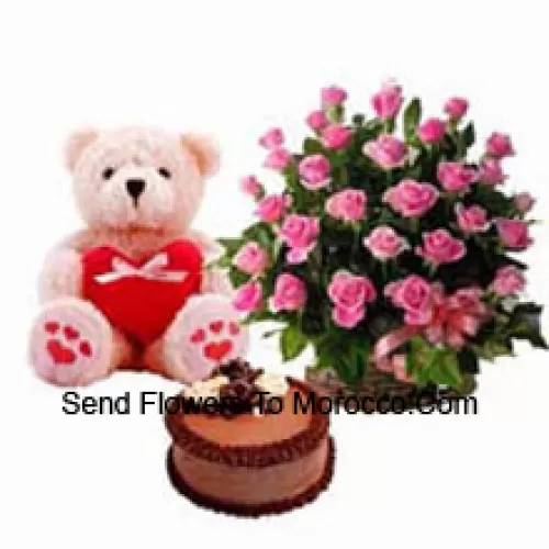 Basket Of 25 Pink Roses, 1.5 Feet Teddy Bear And 1 Kg Chocolate Truffle Cake