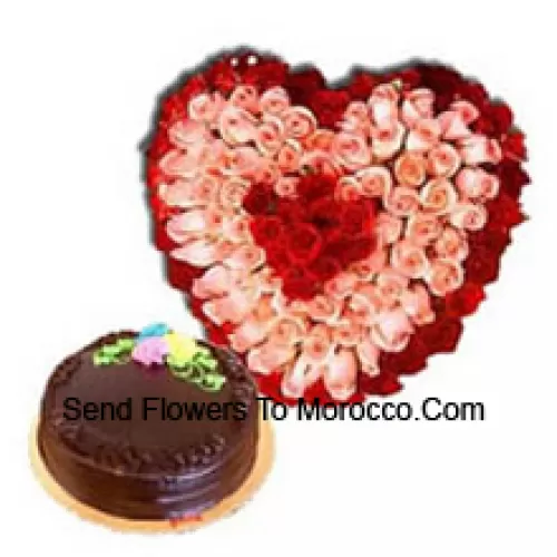 Heart Shaped Arrangement Of 151 Roses (Red And Pink) Along With Delicious 1 Kg Chocolate Truffle Cake