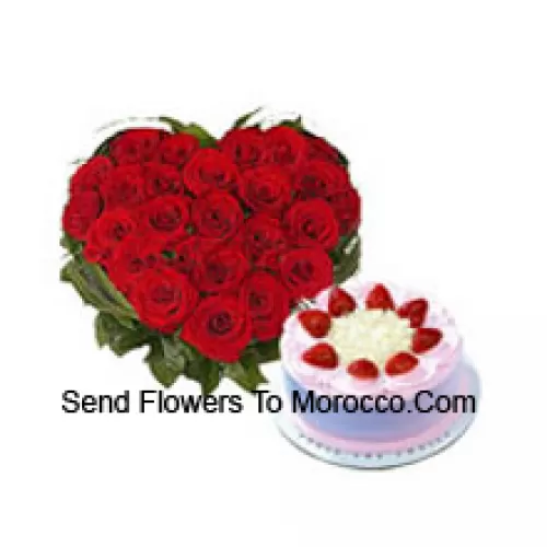 Heart Shaped Arrangement Of 41 Red Roses Along With A 1/2 Kg Strawberry Cake