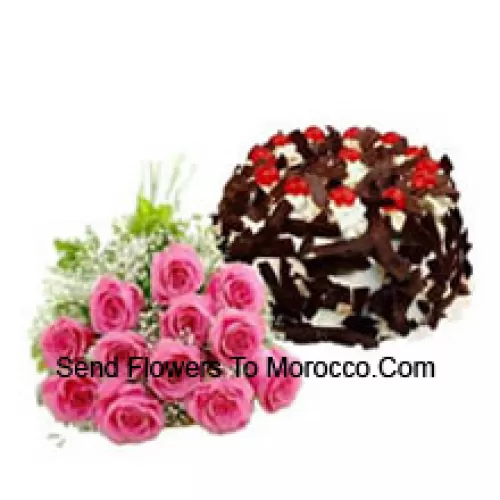 Bunch Of 11 Pink Roses Along With 1 Kg Chocolate Crisp Cake