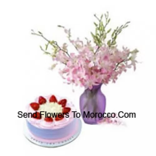 Fresh Orchids In A Vase Along With 1/2 Kg Strawberry Cake