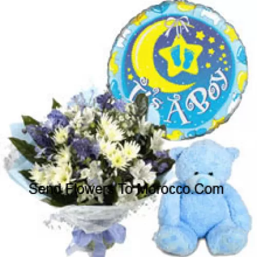 Bunch Of Assorted Flowers, A Cute Teddy Bear And A Baby Boy Balloon