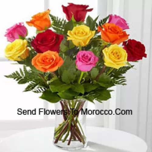 11 Mixed Colored Roses With Some Ferns in A Vase