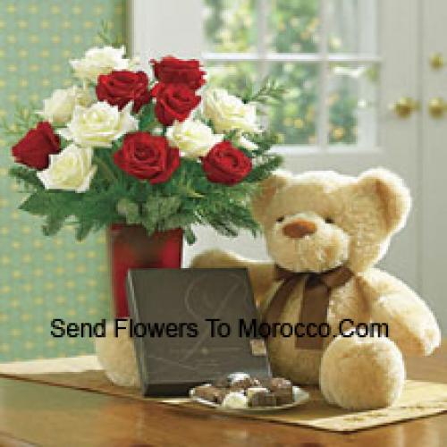 Red and White Roses with Teddy and Chocolates