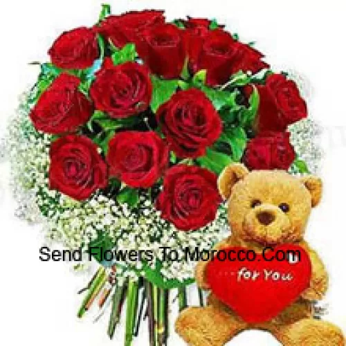 Bunch Of 11 Red Roses With Seasonal Fillers And A Cute Brown 8 Inches Teddy Bear