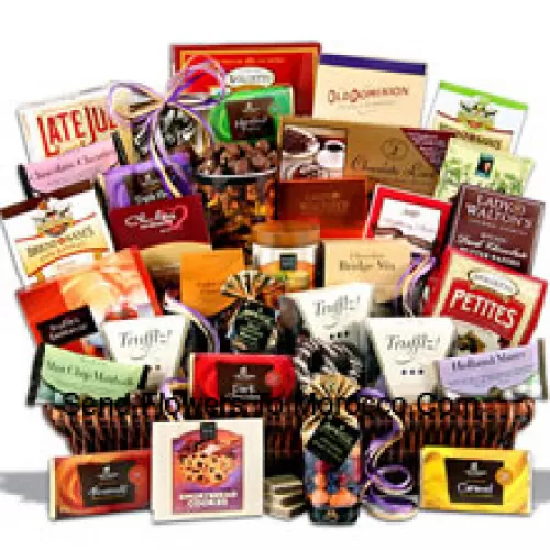 This giant chocolate gift basket is loaded with thirty of our favorite chocolate indulgences that are guaranteed to quench an army of chocolate lovers cravings! We create this masterpiece with only the finest award-winning gourmet chocolate delicacies sourced from around the globe. The result of our efforts is a chocolate gift basket unrivalled in the gift world! Inside they will discover the finest the confectionery world has to offer from the top brands  (Please Note That We Reserve The Right To Substitute Any Product With A Suitable Product Of Equal Value In Case Of Non-Availability Of A Certain Product)