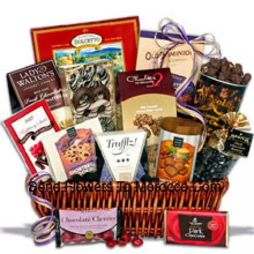 This gift basket arrives gorgeously packaged and piled high with the most delicious, award-winning chocolates you’ve ever tasted. Inside they'll find chocolate truffles, dark chocolate covered raisins, chocolate covered cherries, chocolate shortbread cookies, chocolate pecan crunch, a dark chocolate signature bar, chocolate dipped Bavarian pretzels, chocolate wafer squares, chocolate crunch shortbread cookies, dark chocolate butter wafers, chocolate almond butter crunch, chocolate covered toffee peanuts, and raspberry dark chocolate sticks. (Please Note That We Reserve The Right To Substitute Any Product With A Suitable Product Of Equal Value In Case Of Non-Availability Of A Certain Product)