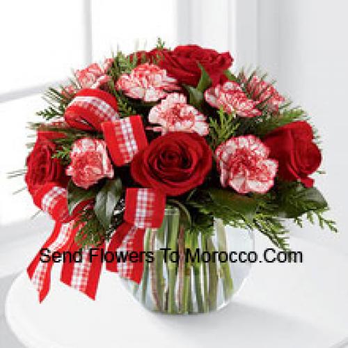 Roses and Carnations with Greens in Vase