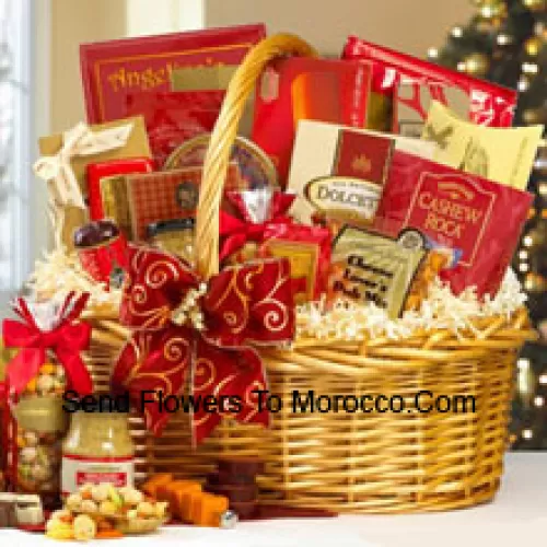 If you are looking for a great gift basket for any occasion, our snack classic will do the trick. It's one of our best sellers, and no wonder. From the color coordinated design to the sweet and savory treats inside, your recipient will be thrilled. Inside they will find Earl Grey Tea, Tomato Basil Beef Salami, Cheddar Cheese, Water Crackers, Smoked Salmon, Dragon Snack Mix, Tiramisu Cake, Roasted Pecans, Whole Grain Mustard, Gouda Cheese Biscuits, Sweet Butter Cookies, Pecan Almond Crunch, Chocolate Wafer Rolls, Cashew Roca, Fruit Candies, Cheese Lover's Pub Mix, Belgian Chocolate Petites and Old North State Blend Coffee. (Please Note That We Reserve The Right To Substitute Any Product With A Suitable Product Of Equal Value In Case Of Non-Availability Of A Certain Product)