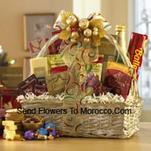 This gift basket shines for the holidays with a great selection of gourmet food for all. A shimmering basket holds Dutch Gouda Cheese Biscuits, Crantastic Snack Mix, Chocolate Cocoa, Scottish Shortbread Fingers, Roasted Peanuts, assorted Godiva Dark Chocolates, Smoky Cheddar, Fancy Water Crackers, Swedish Ballerina Cookies, Holiday Mints, Bellagio Caramella Coffee, Christmas Tea, and non-alcoholic Sparkling Apple Cider. It makes a nicely balanced selection of sweet and savory foods that are sure to please. (Please Note That We Reserve The Right To Substitute Any Product With A Suitable Product Of Equal Value In Case Of Non-Availability Of A Certain Product)